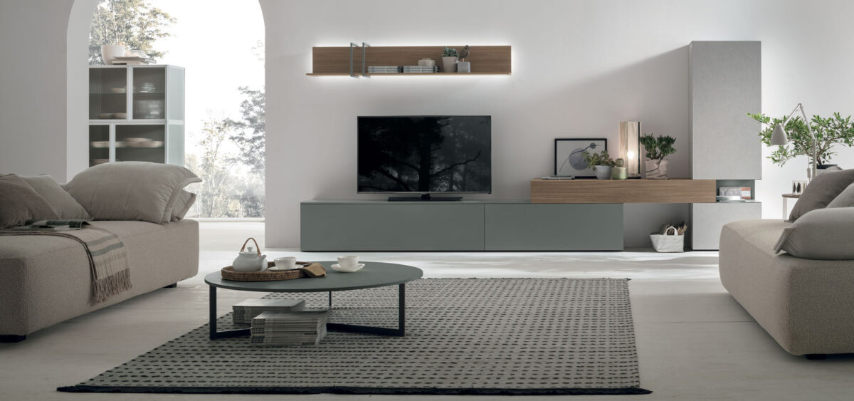 “Atlante UNIT_AT114 by Tomasella – modern Italian wall unit with suspended base and vertical grid shelving”