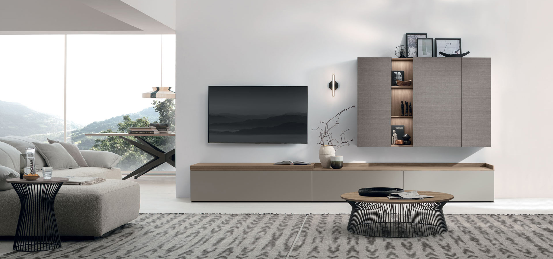 “Atlante UNIT_AT115 by Tomasella – modern Italian wall unit with floating base cabinet and vertical shelving composition”