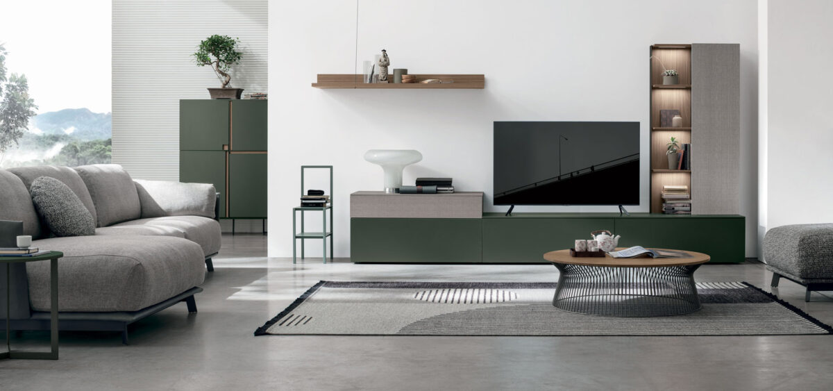 “Atlante UNIT_AT116 by Tomasella – modern Italian wall unit with asymmetrical open shelving and suspended base cabinet”