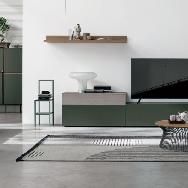 “Atlante UNIT_AT116 by Tomasella – modern Italian wall unit with asymmetrical open shelving and suspended base cabinet”