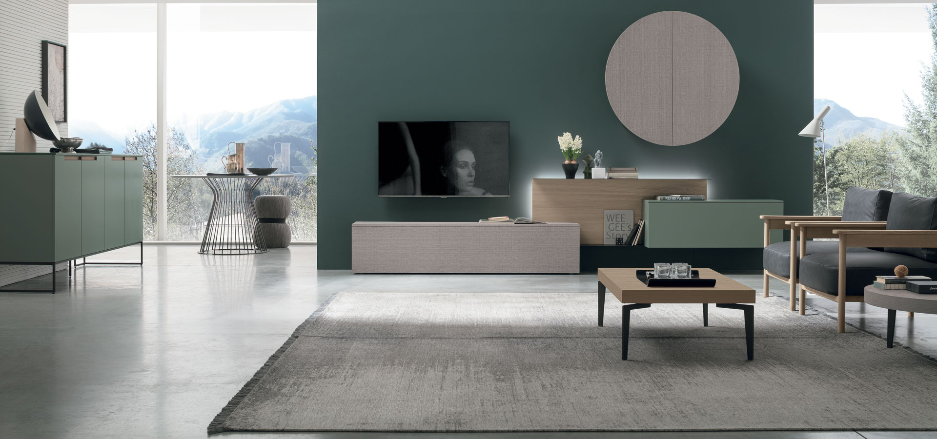 “Atlante UNIT_AT118 by Tomasella – modern Italian wall unit with low-profile TV base and vertical shelving elements”