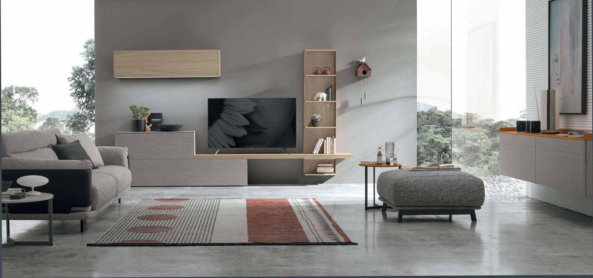 “Atlante UNIT_AT119 by Tomasella – modern Italian wall unit with suspended TV base and vertical open shelving”