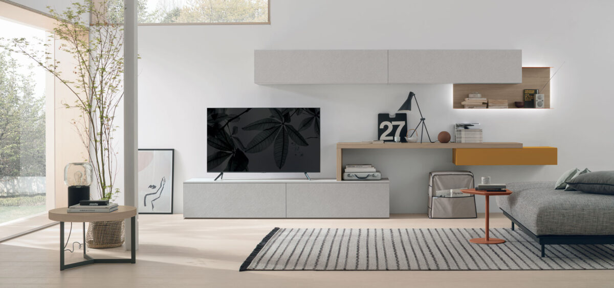 “Atlante UNIT_AT120 by Tomasella – modern Italian wall unit with floating TV cabinet and vertical shelving elements”