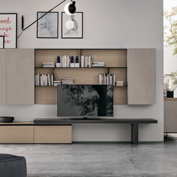 “Atlante UNIT_AT122 by Tomasella – modern Italian wall unit with low-profile TV base and vertical open shelving design”