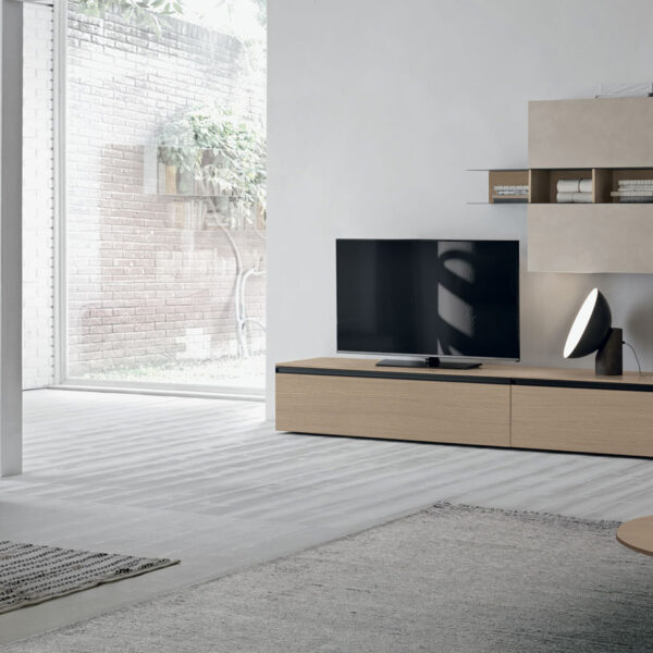 “Atlante UNIT_AT124 by Tomasella – modern Italian wall unit with floating TV base, vertical storage, and open display shelving”