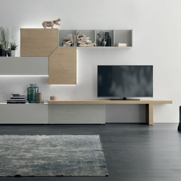 “Atlante UNIT_AT126 by Tomasella – modern Italian wall unit with floating TV base and vertical shelving composition”