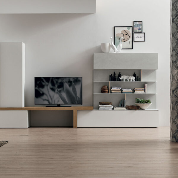 “Atlante UNIT_AT127 by Tomasella – modern Italian wall unit with suspended TV base and vertical open shelving design”