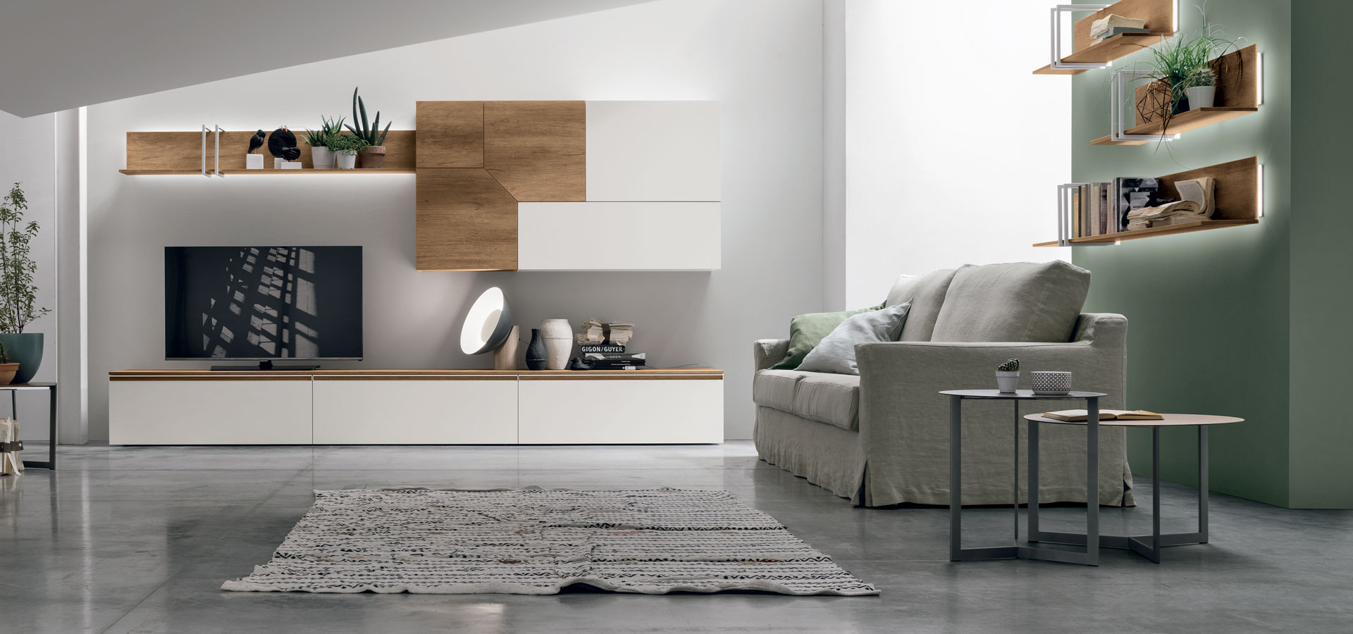 “Atlante UNIT_AT129 by Tomasella – modern Italian wall unit with suspended TV cabinet and vertical shelving elements”