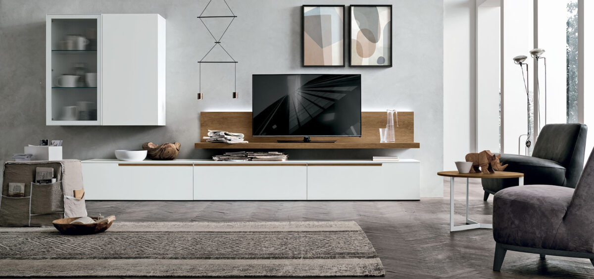 “Atlante UNIT_AT130 by Tomasella – modern Italian wall unit with floating TV base and geometric open shelving design”