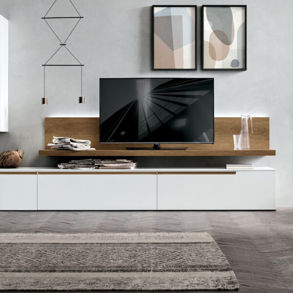 “Atlante UNIT_AT130 by Tomasella – modern Italian wall unit with floating TV base and geometric open shelving design”