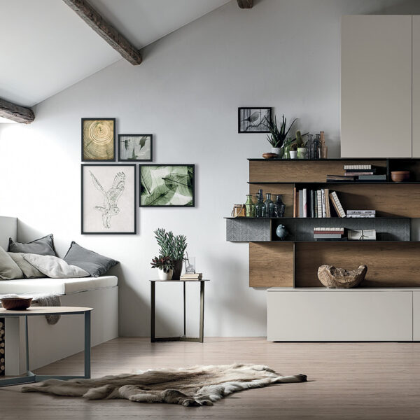 “Atlante UNIT_AT132 by Tomasella – modern Italian wall unit with suspended TV cabinet and vertical shelving for stylish storage”