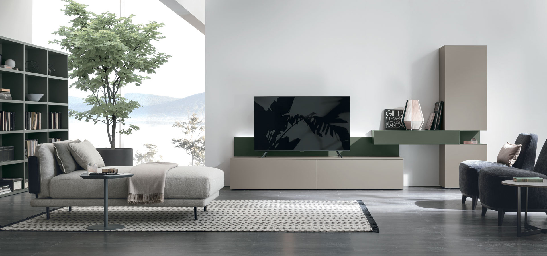“Atlante UNIT_AT133 by Tomasella – modern Italian wall unit with floating TV base and sculptural open shelving layout”