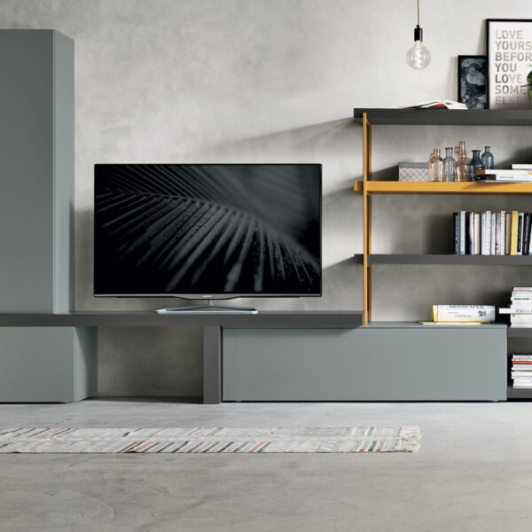 “Atlante UNIT_AT136 by Tomasella – modern Italian wall unit with low-profile TV base, vertical open shelving, and sleek matte finish”