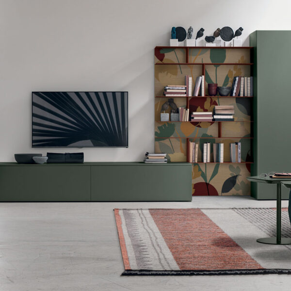 “Atlante UNIT_AT137 by Tomasella – modern Italian modular wall unit with floating TV base, vertical shelving, and minimalist design”