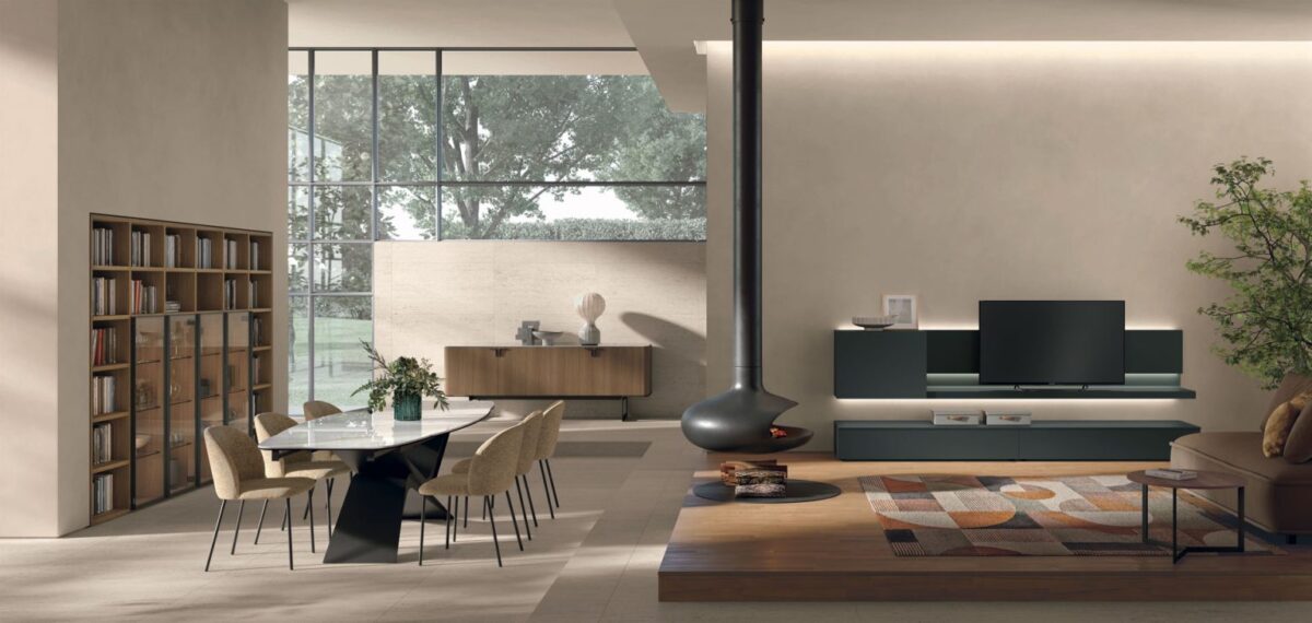 “Atlante UNIT_AT141 by Tomasella – modern Italian wall unit with floating TV base and asymmetrical open shelving in matte finish”