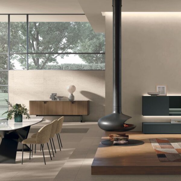 “Atlante UNIT_AT141 by Tomasella – modern Italian wall unit with floating TV base and asymmetrical open shelving in matte finish”