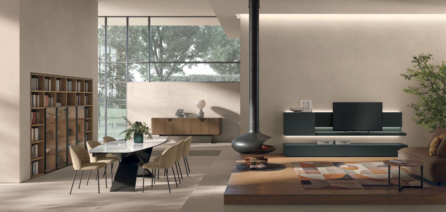 “Atlante UNIT_AT141 by Tomasella – modern Italian wall unit with floating TV base and asymmetrical open shelving in matte finish”