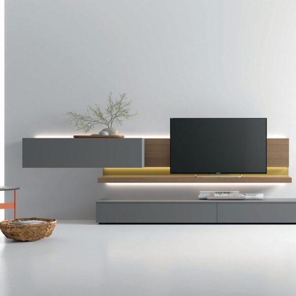 “Atlante UNIT_AT142 by Tomasella – modern Italian wall unit with floating TV base, vertical open shelving, and sleek minimalist design”