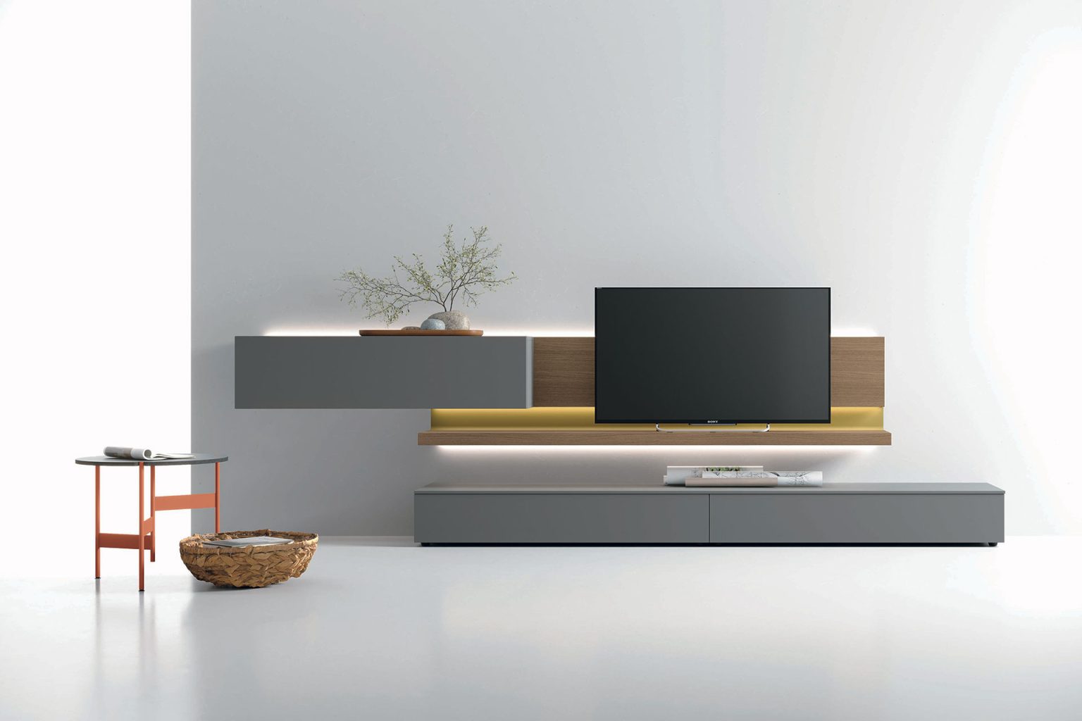 “Atlante UNIT_AT142 by Tomasella – modern Italian wall unit with floating TV base, vertical open shelving, and sleek minimalist design”