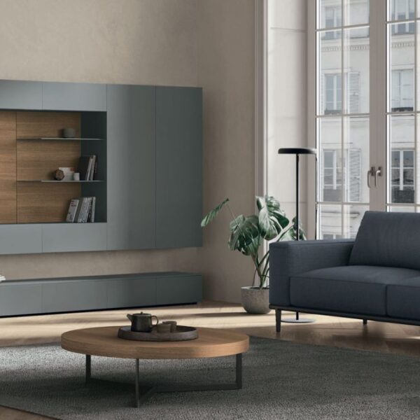 “Atlante UNIT_AT143 by Tomasella – modern Italian wall unit with suspended TV base, vertical shelving, and closed storage in matte finish”