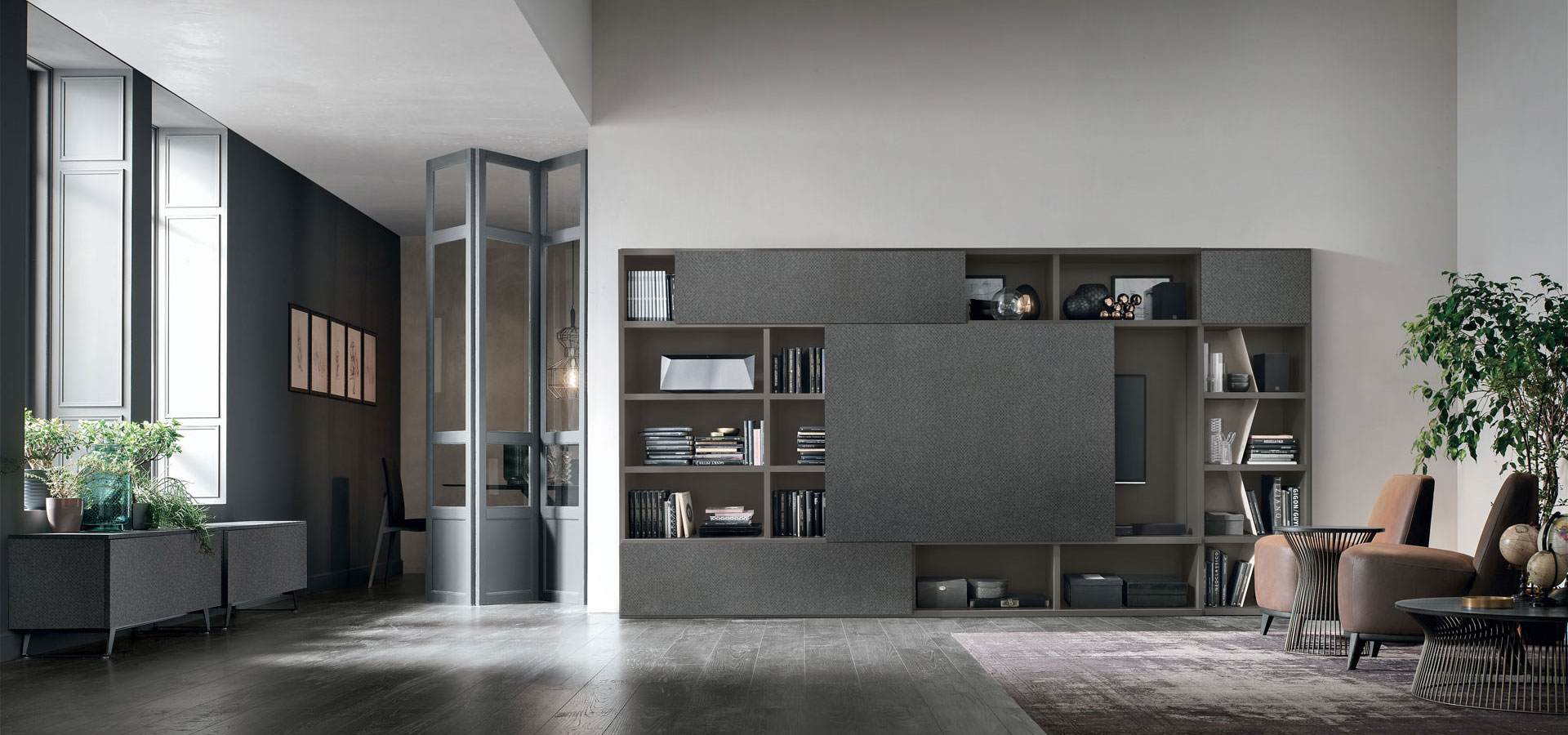 “Atlante UNIT_AT203 by Tomasella – modern Italian wall unit with clean geometric lines, open shelving, and minimalist storage design”