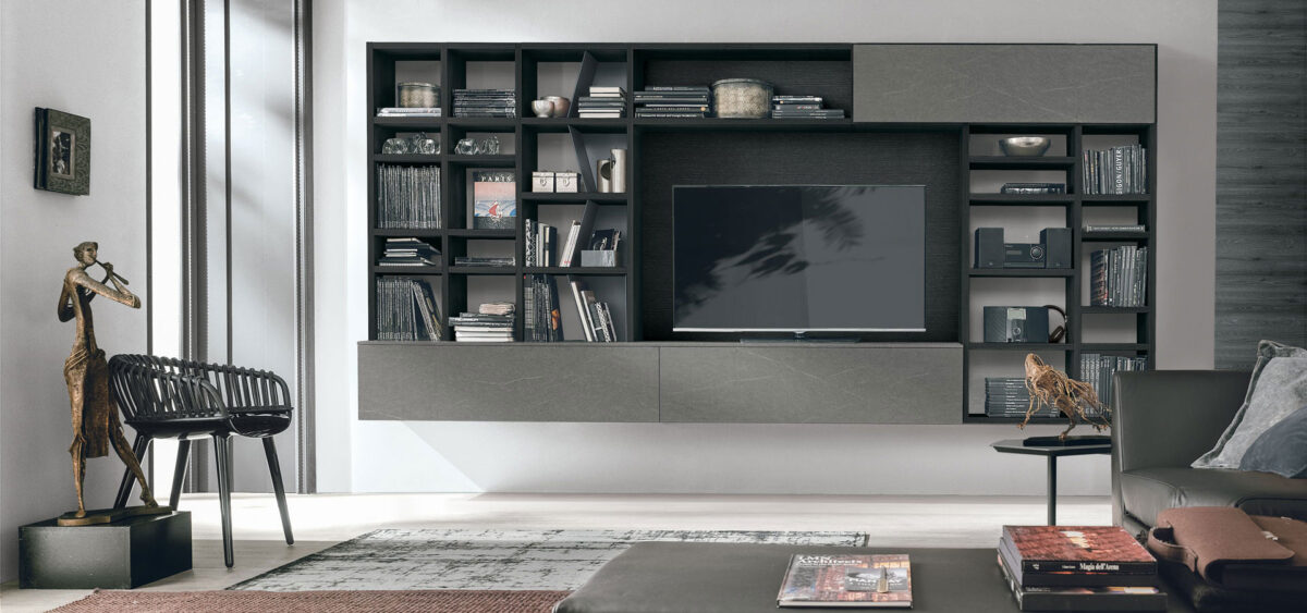 “Atlante UNIT_AT204 by Tomasella – contemporary Italian wall unit featuring asymmetrical shelving, sleek cabinetry, and minimalist design”