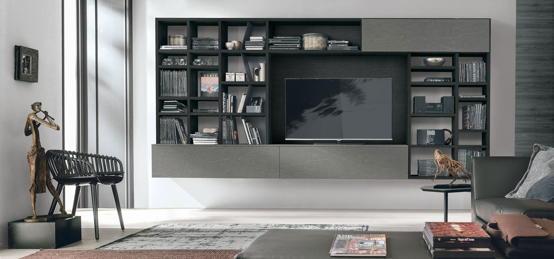 “Atlante UNIT_AT204 by Tomasella – contemporary Italian wall unit featuring asymmetrical shelving, sleek cabinetry, and minimalist design”