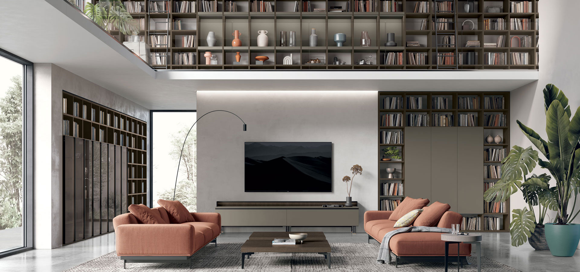 “Contemporary TV wall unit Atlante UNIT_AT222 by Tomasella – sleek design with mixed wood and lacquered finishes”