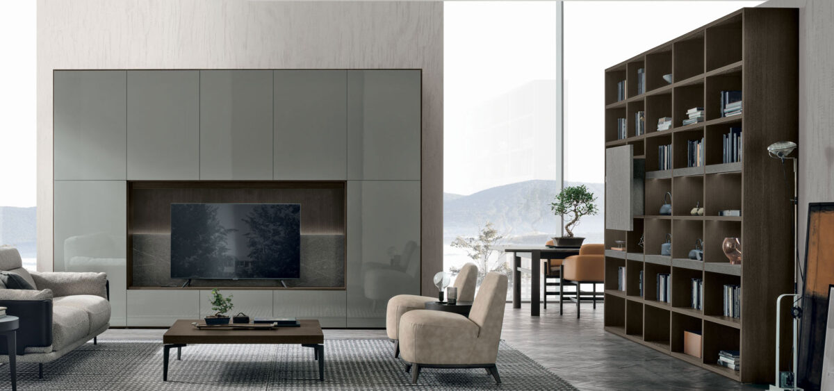 “Atlante UNIT_AT208 by Tomasella – modern Italian wall unit with clean architectural lines, open shelving, and elegant closed storage”
