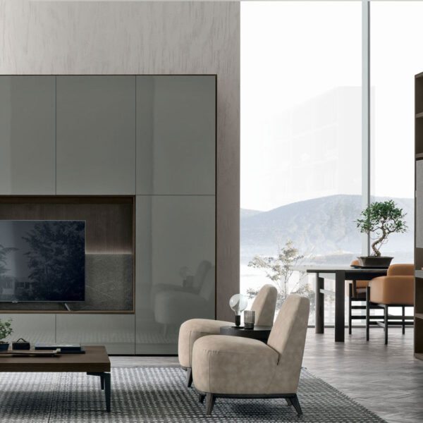 “Atlante UNIT_AT208 by Tomasella – modern Italian wall unit with clean architectural lines, open shelving, and elegant closed storage”