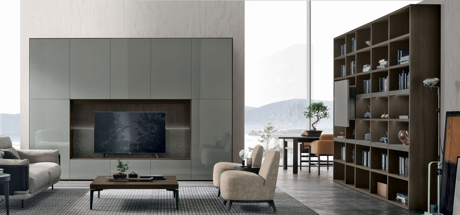 “Atlante UNIT_AT208 by Tomasella – modern Italian wall unit with clean architectural lines, open shelving, and elegant closed storage”