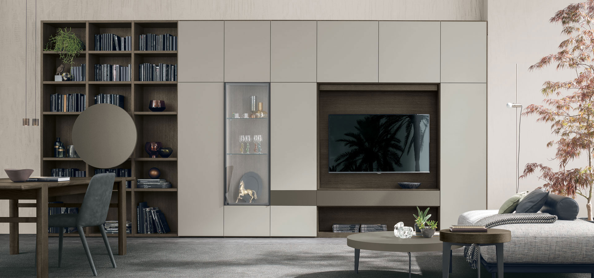 “Atlante UNIT_AT210 by Tomasella – modern Italian wall unit with vertical display elements, closed storage, and sleek contemporary design”