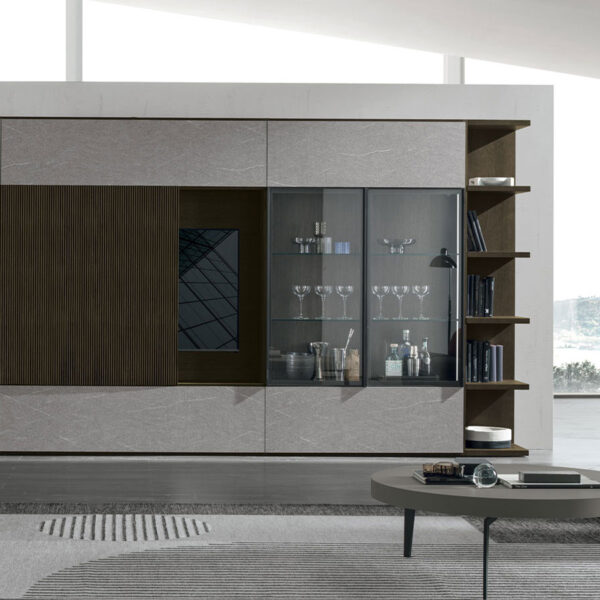 “Atlante UNIT_AT211 by Tomasella – modern Italian wall unit with asymmetrical shelving, closed cabinets, and minimalist design”