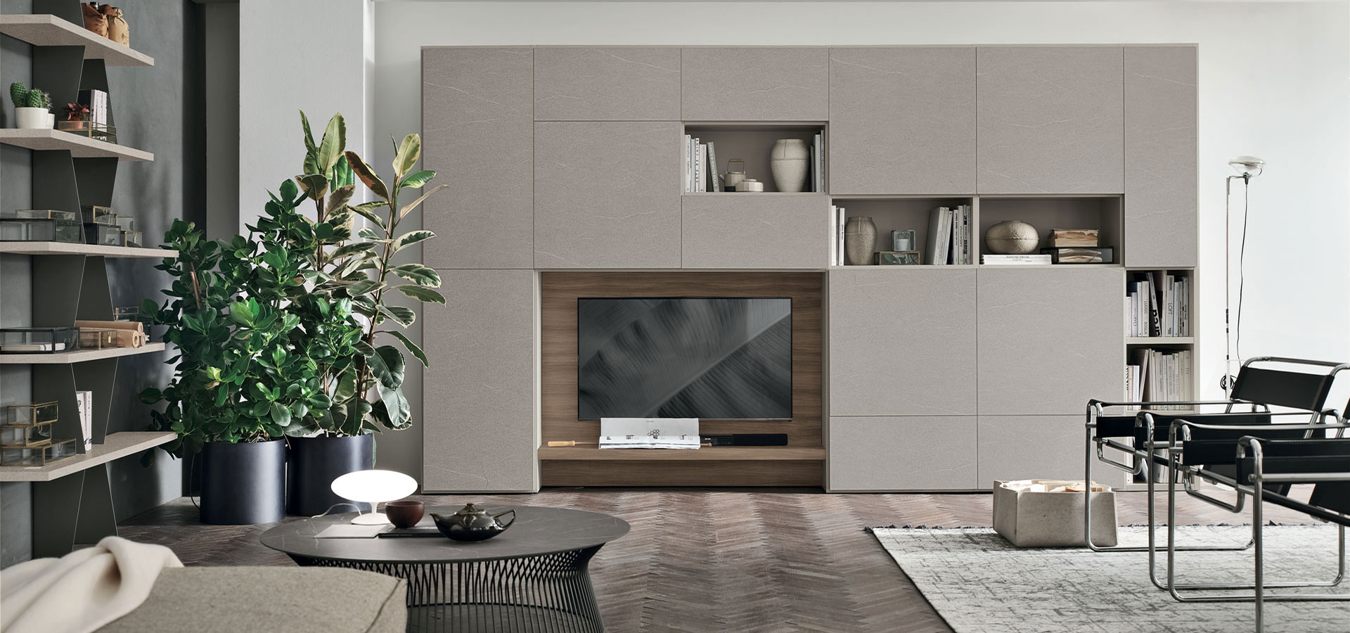 “Atlante UNIT_AT214 by Tomasella – contemporary Italian wall unit with clean lines, asymmetrical shelving, and minimalist storage design”