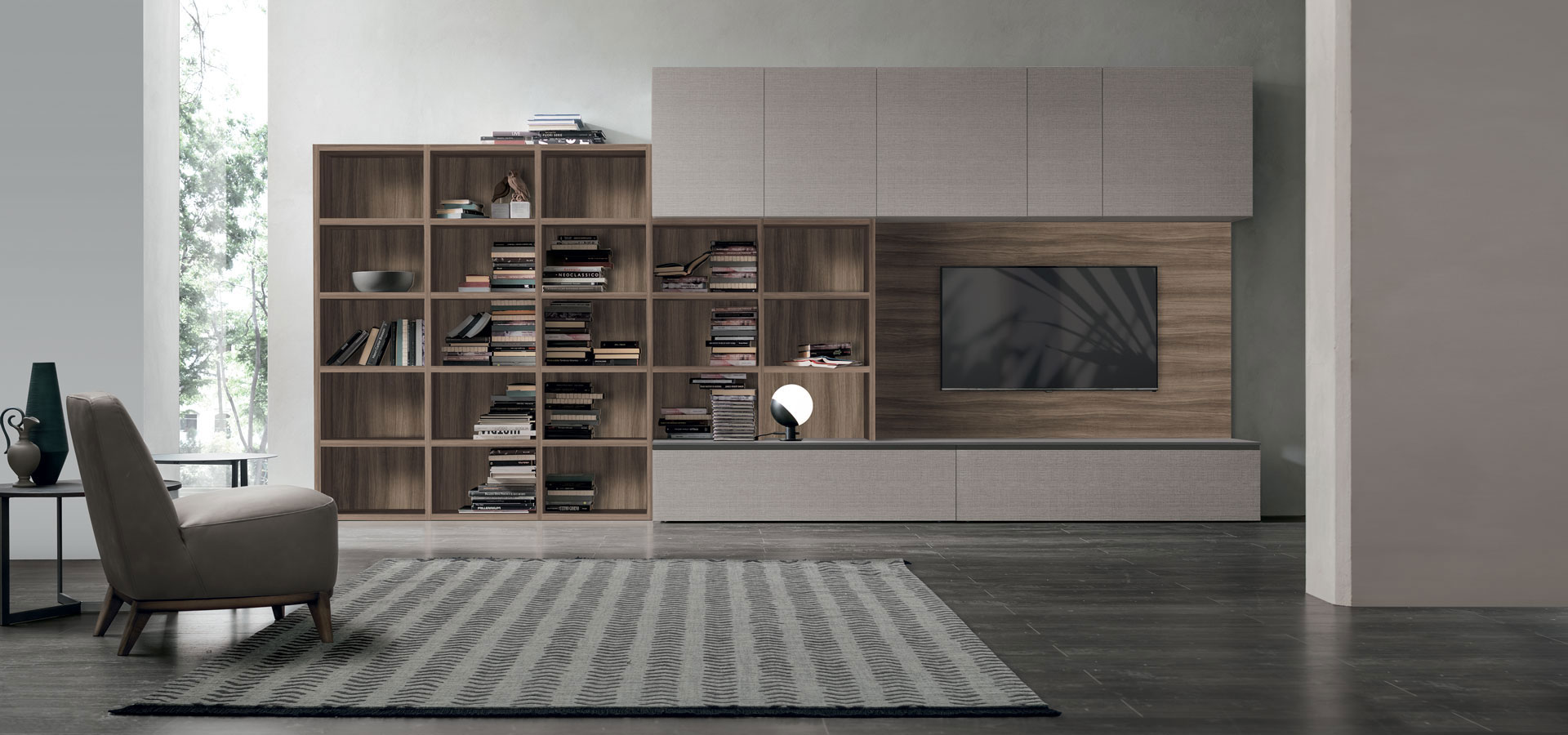 “Atlante UNIT_AT215 by Tomasella – modern Italian wall unit featuring sleek horizontal cabinetry, open display shelving, and minimalist design”