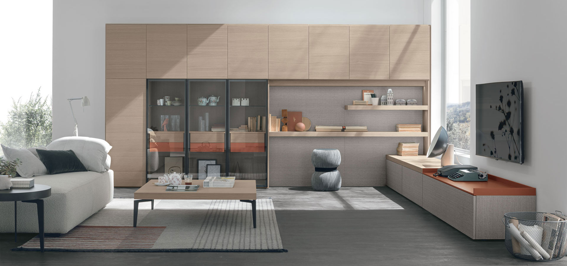 “Atlante UNIT_AT216 by Tomasella – modern Italian wall unit featuring a mix of open shelving and closed storage with minimalist design”