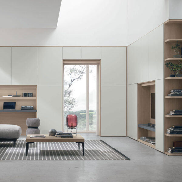“Atlante UNIT_AT217 by Tomasella – modern Italian wall unit with a balanced combination of open shelves and closed cabinetry in a minimalist layout”