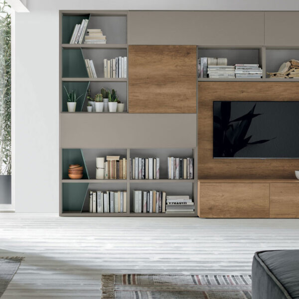 “Atlante UNIT_AT219 by Tomasella – modern Italian wall unit with geometric design, open shelving, and minimalist storage cabinetry”