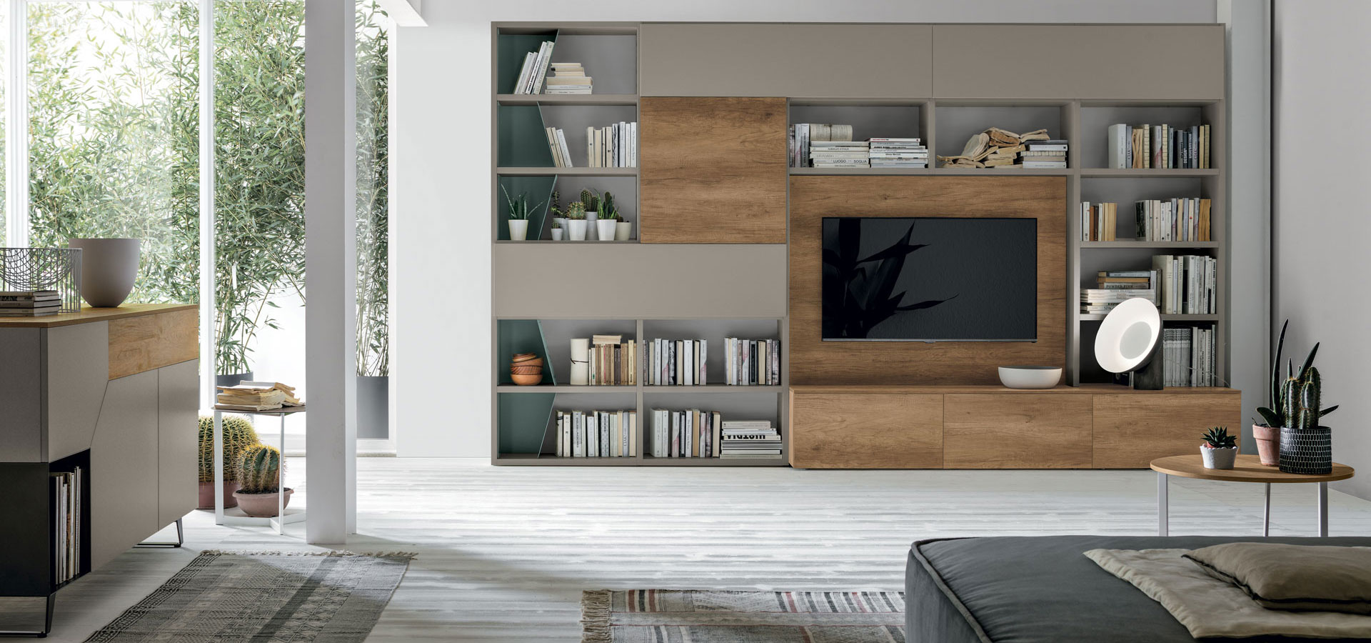 “Atlante UNIT_AT219 by Tomasella – modern Italian wall unit with geometric design, open shelving, and minimalist storage cabinetry”