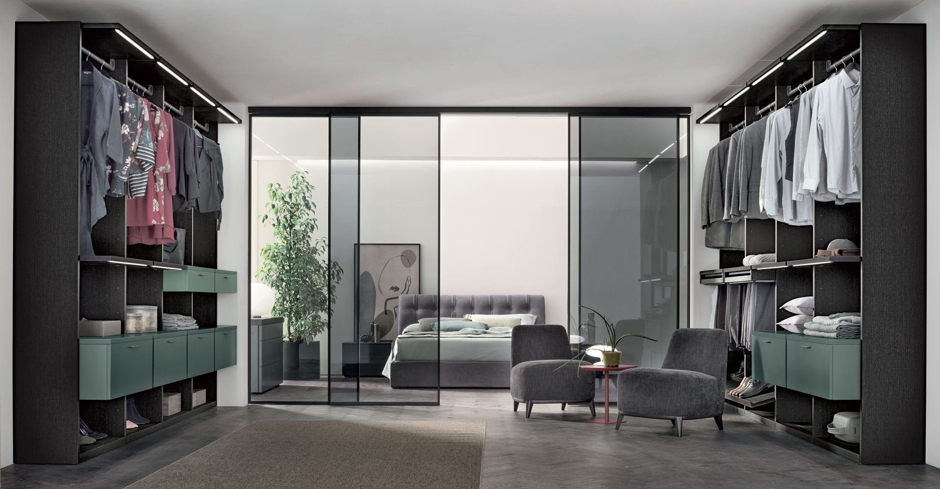 “Doxa walk-in wardrobe by Tomasella – modern Italian modular closet system with open shelving”