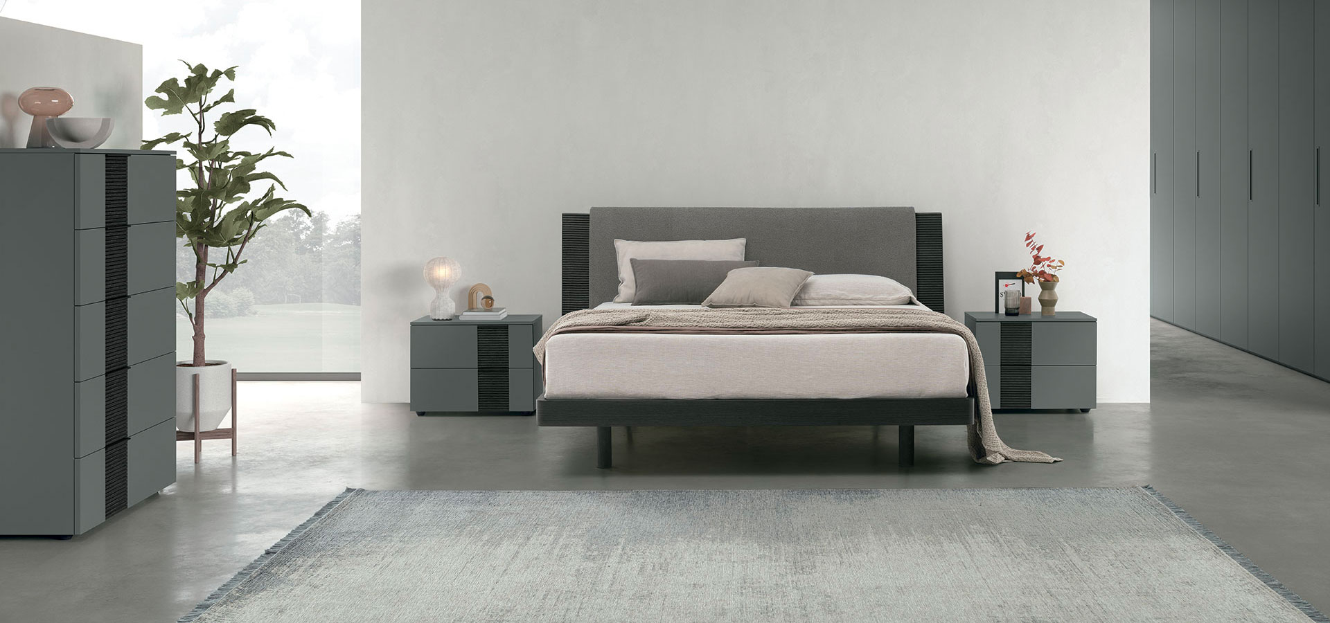 “Bliss bed by Tomasella – modern Italian upholstered bed with wide cushioned headboard and sleek minimalist frame”