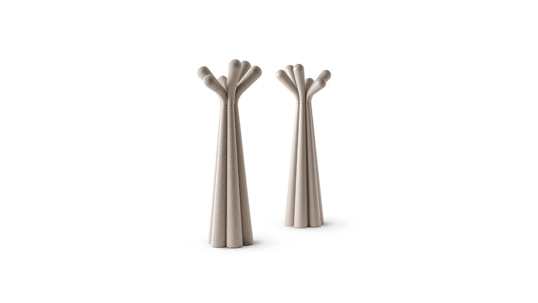 "Anemone coat stand with flowing lines and multiple hooks for jackets, hats, and bags."