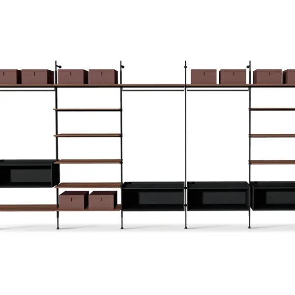 Bonaldo Roll walk-in closet with open wall-mounted design, painted metal lead‑frame and Canaletto walnut shelves by Dondoli & Pocci.
