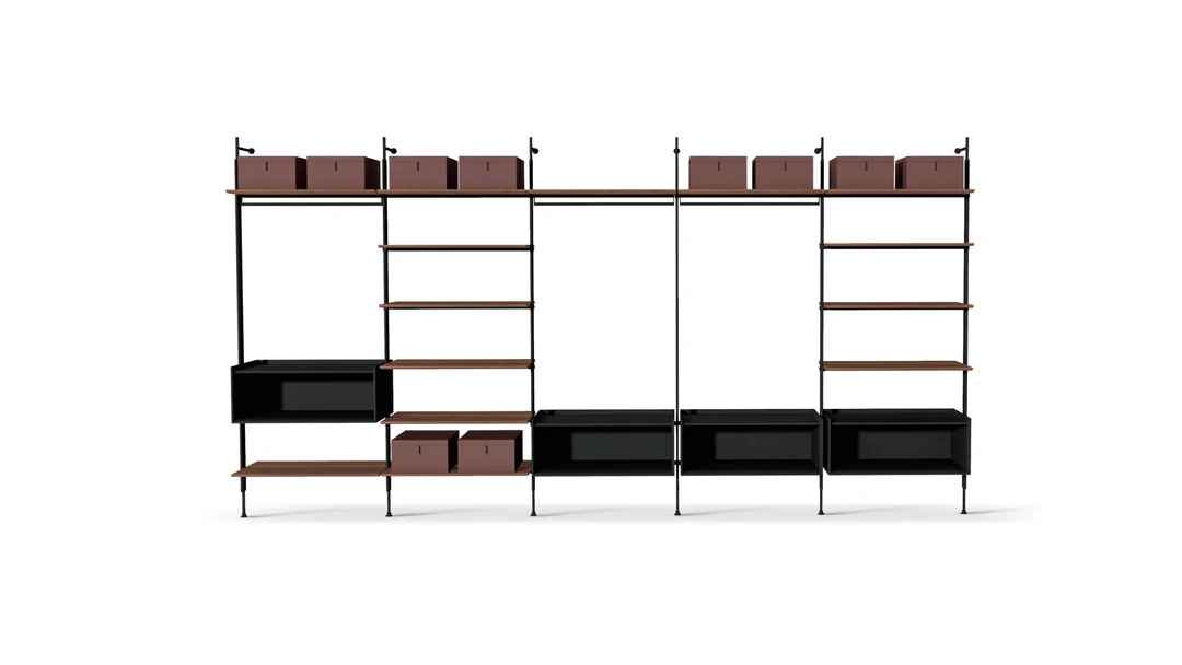 Bonaldo Roll walk-in closet with open wall-mounted design, painted metal lead‑frame and Canaletto walnut shelves by Dondoli & Pocci.