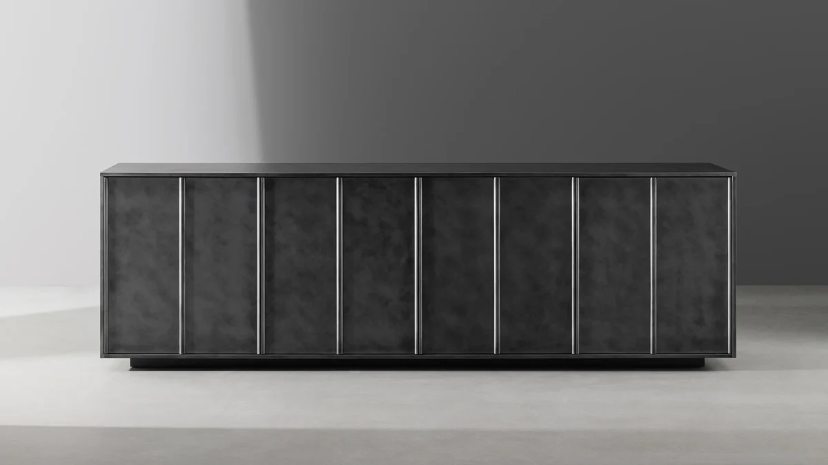 Contemporary Bonaldo Backdrop cabinet with vertically cut lacquered wood doors and minimal black metal plinth base.