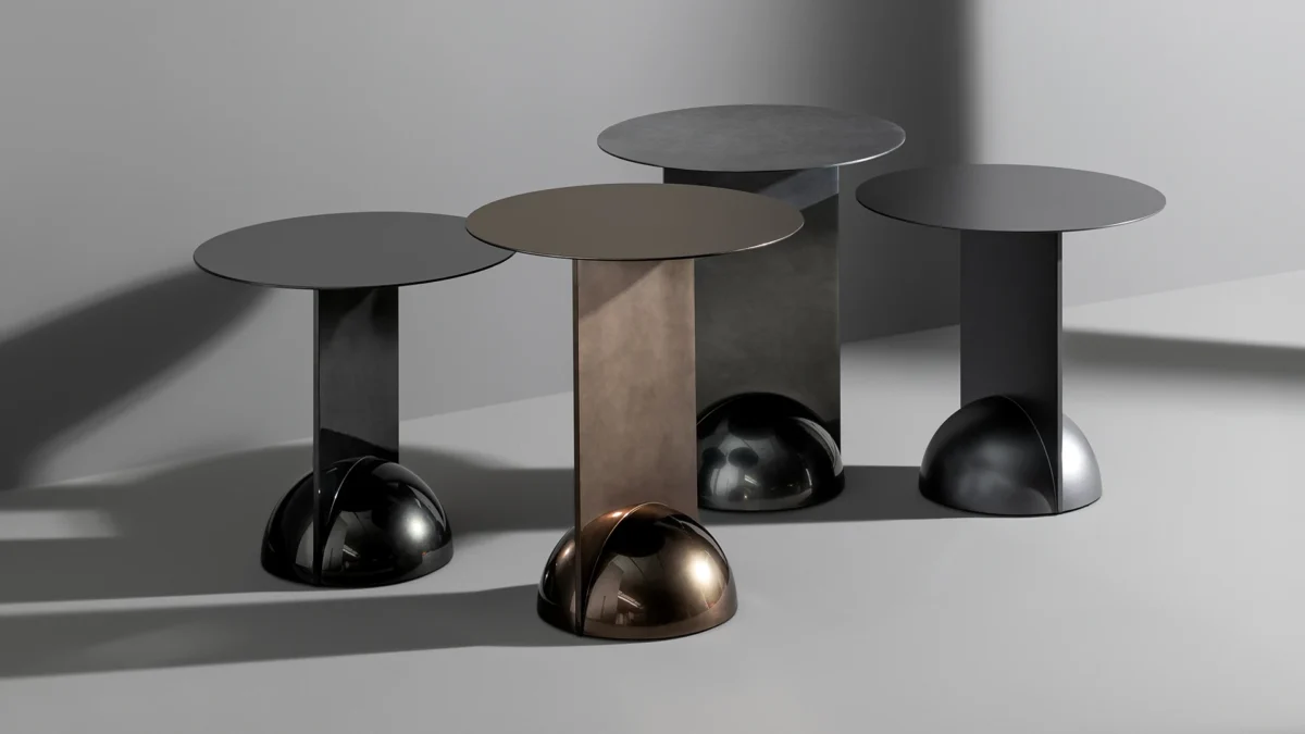 Bonaldo Combination end table showcasing dynamic perspective—wide front view, slender side profile