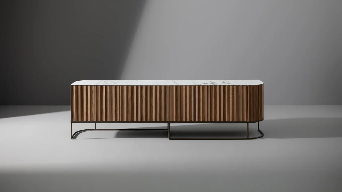 Bonaldo Dune TV Light unit featuring ambient backlit illumination, textured veneer doors, and sculptural base in bronze or lead finish