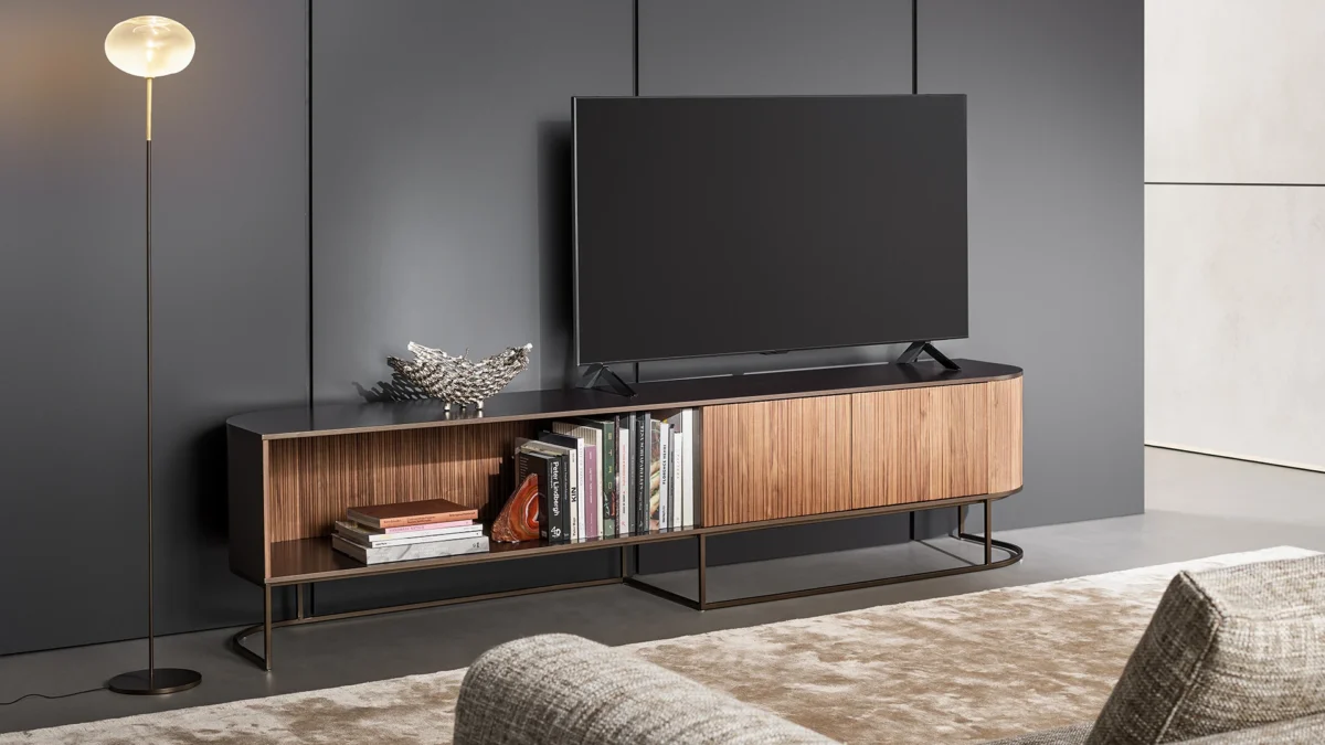 Dune TV stand by Bonaldo, available in two fixed color combinations: Canaletto walnut with bronze or carbon oak with lead.