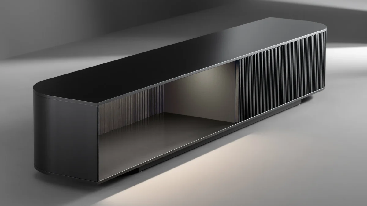 Bonaldo Dune TV unit with integrated LED lighting, creating a striking backlit effect under the top shelf.