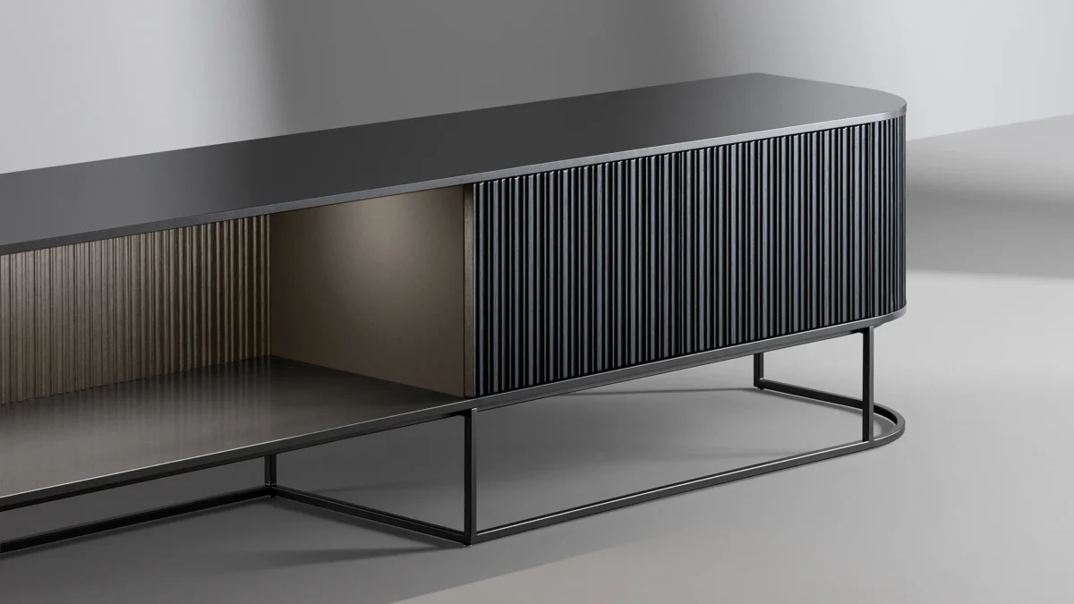 Dune TV stand by Bonaldo, featuring a wavy wooden surface that alternates between open and closed sections for versatile storage.